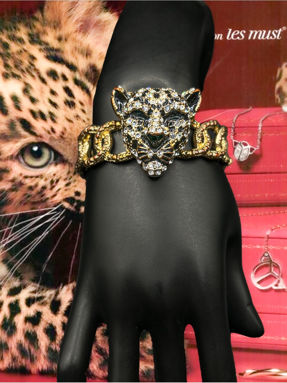 Gold Crystal Leopard Head Stretch Bracelet - Women's Jewelry